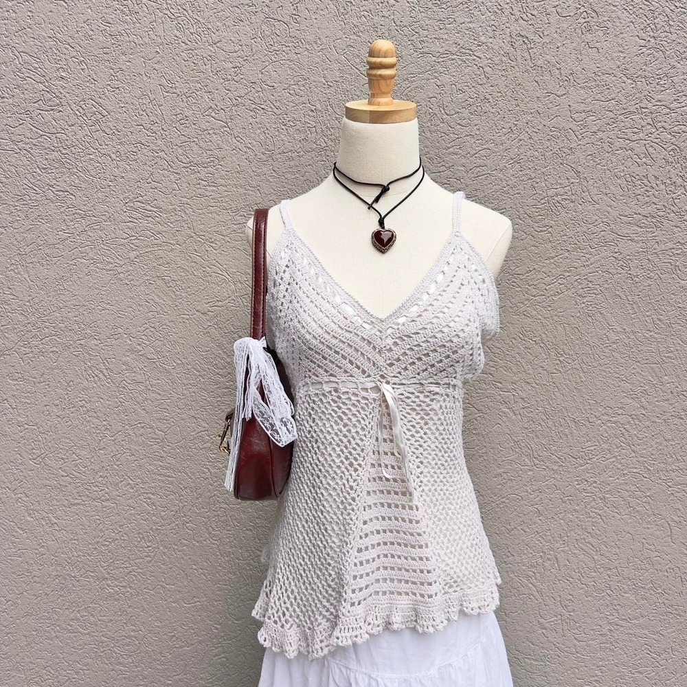 Vintage Faded Glory Knit Babydoll Tank Top Size Large Cottage Boho Festival